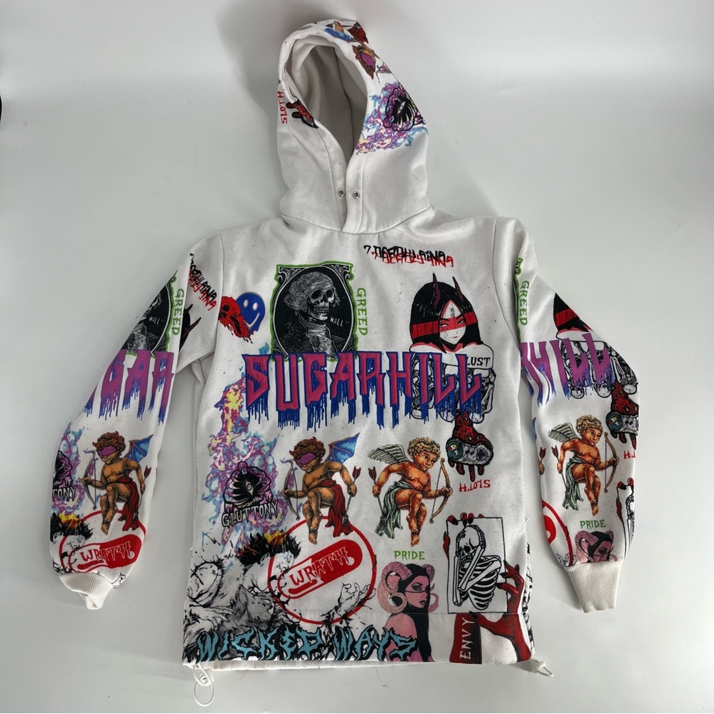 Sugarhill Hoodie Mens Small White AOP‎ 7 Deadly Sins Goth Grunge Pullover Jacket